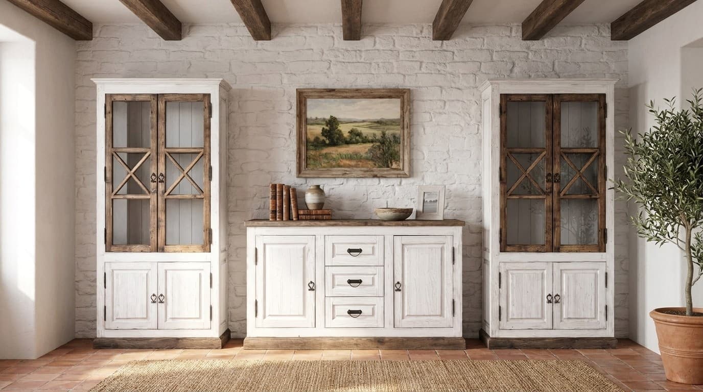 Set Living Avignon, 2 Vitrine și Comodă Mare, Pin Masiv, Alb Antichizat