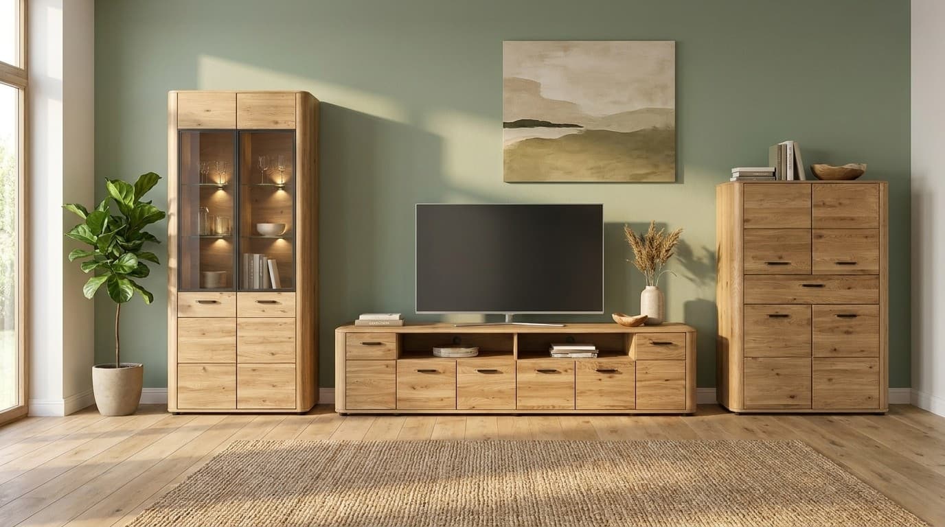 Set Living Lugano, Vitrină, Comodă Înaltă și Comodă TV, Stejar Masiv