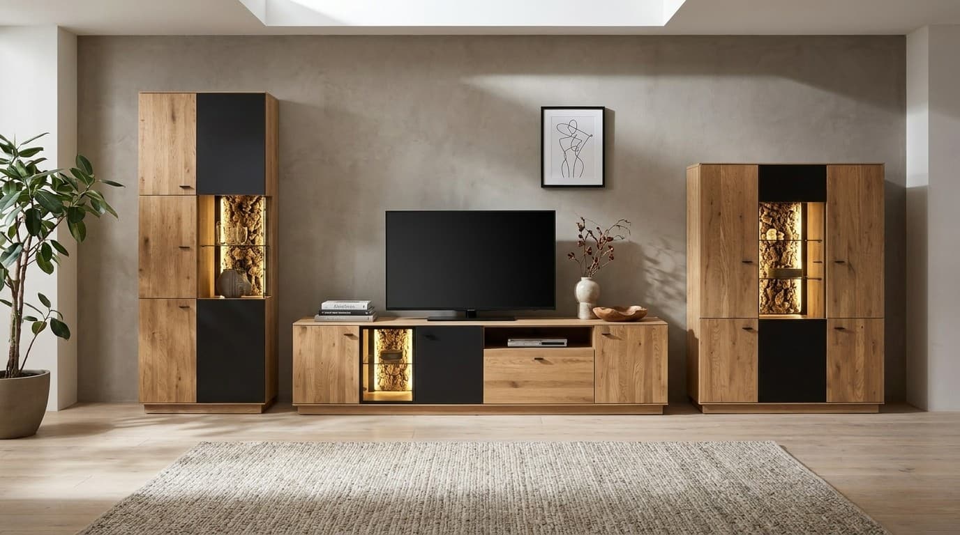 Set Living Modena, Vitrină, Comodă Înaltă și Comodă TV, Stejar Masiv