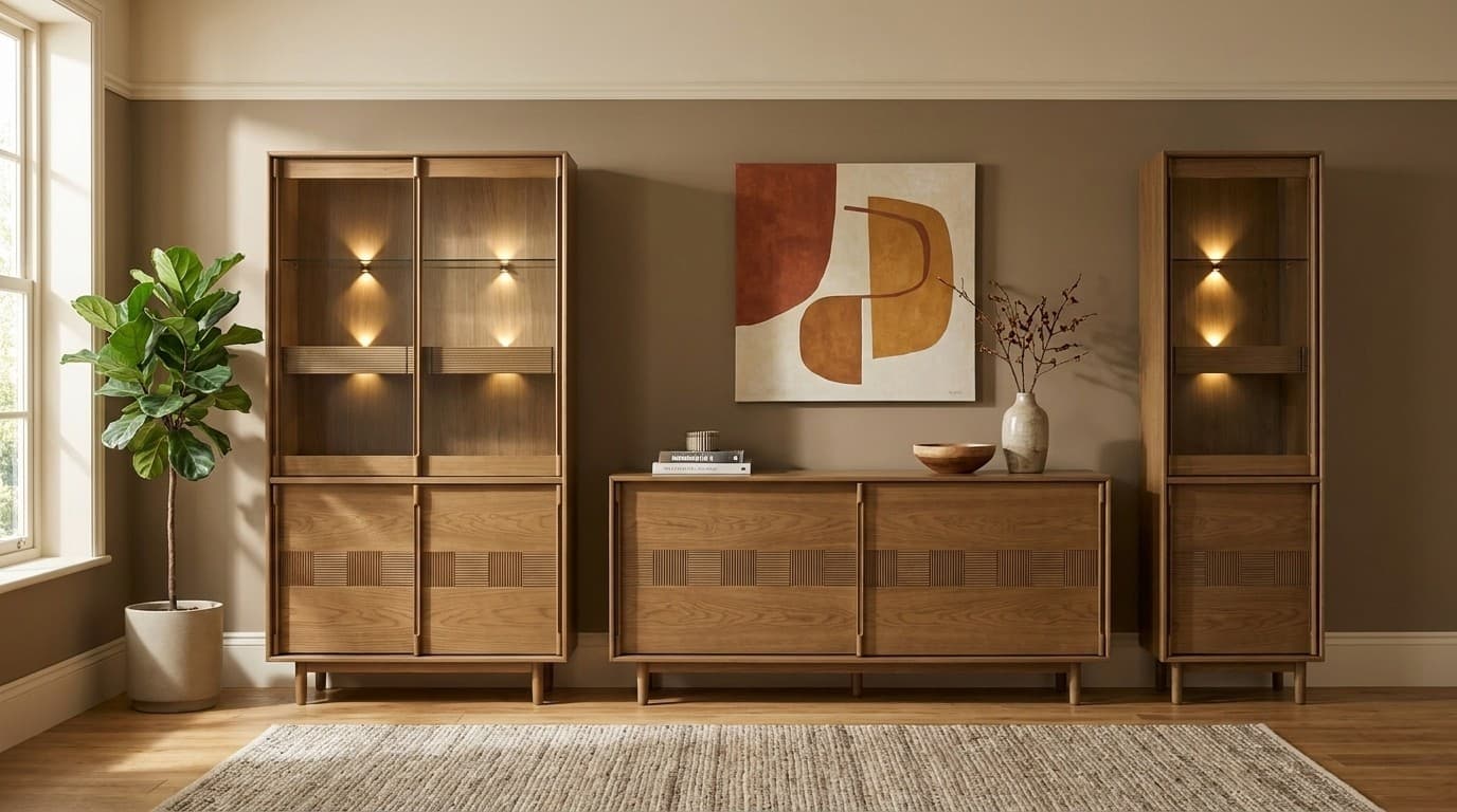 Set Living Ravenna, 2 Vitrine și Comodă Mare, Lemn Masiv și Furnir Natural