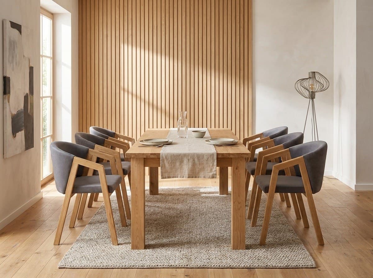 Set Dining Marta și Bruno, Masă Extensibilă din Stejar Masiv și Scaune cu Brațe