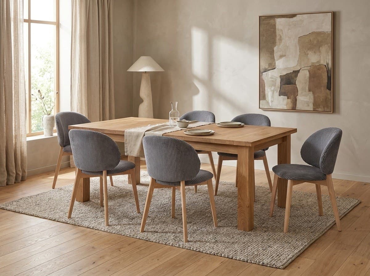 Set Dining Paola și Nagy, Masă Extensibilă din Stejar Masiv și Scaune Tapițate Gri
