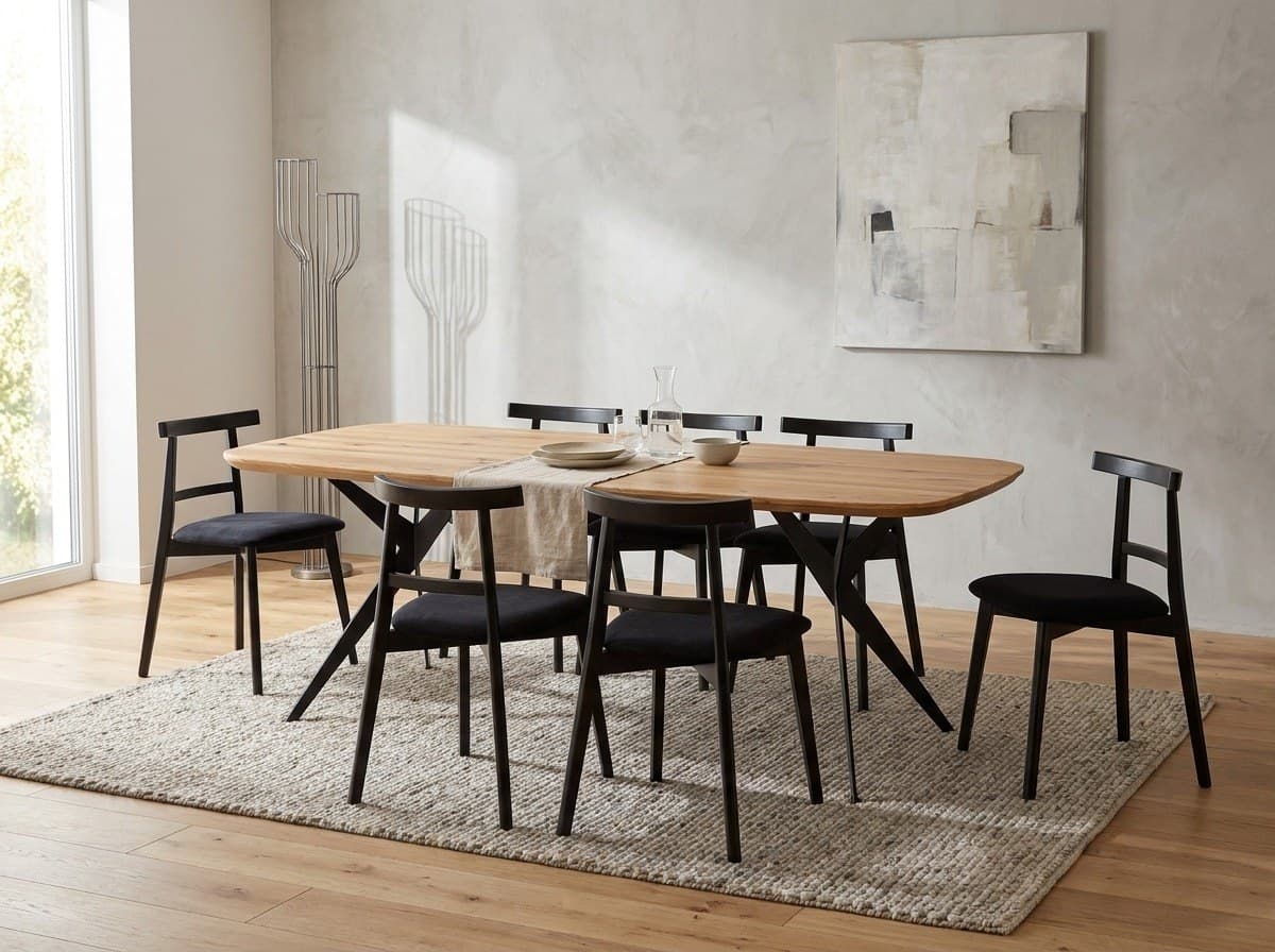 Set Dining Flavia și Teo, Masă din Stejar Masiv și Scaune Negre din Fag